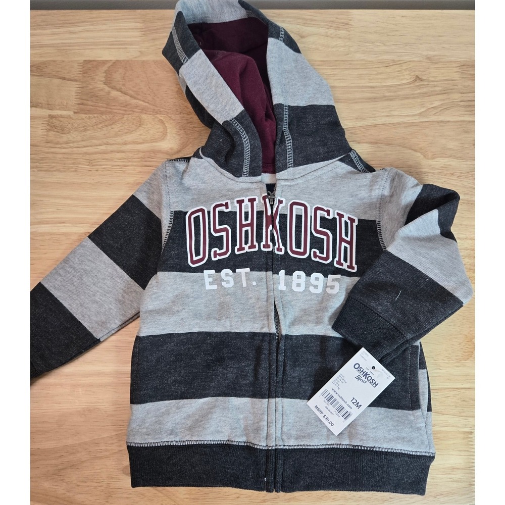 OshKosh Bgosh Baby Boys Striped Full Zip Hoodie Grey Charcoal 12M NWT
